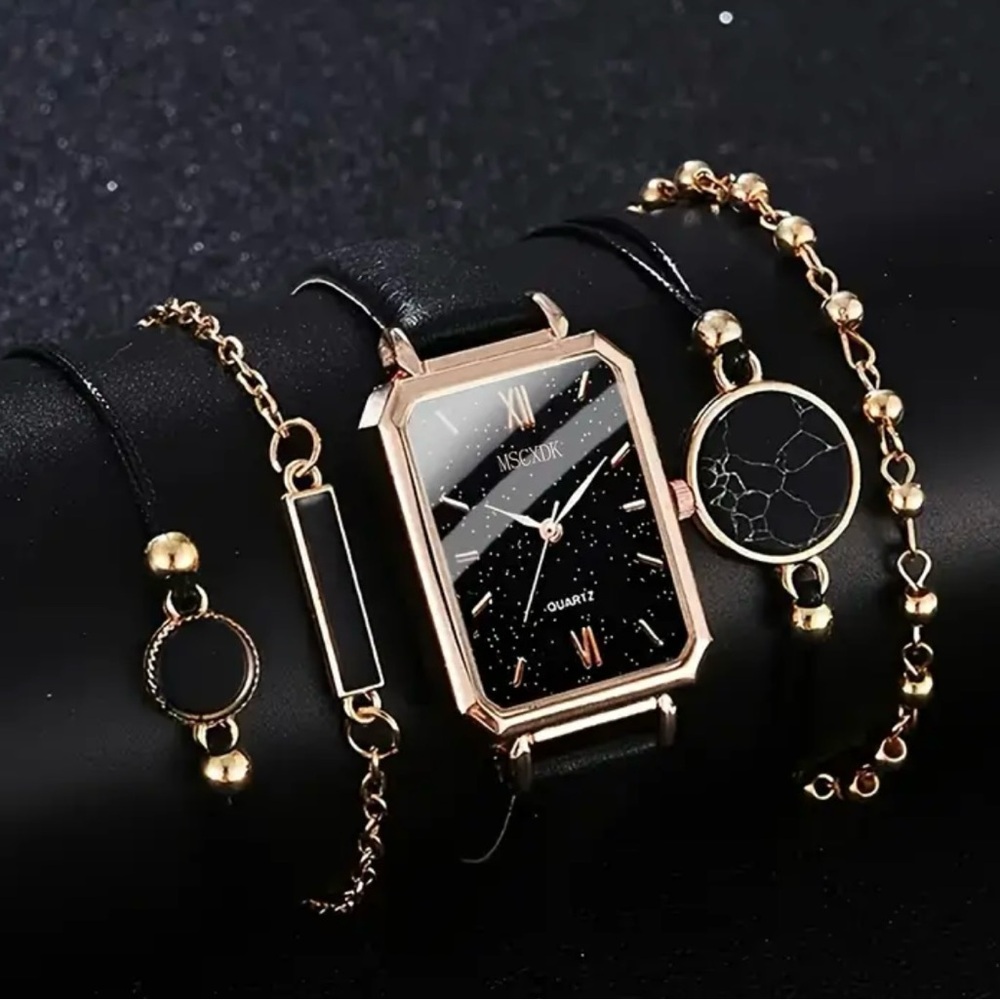 Gorgeous Women's Quartz Watch 5 Piece Set with Matching Leather Bracelets
